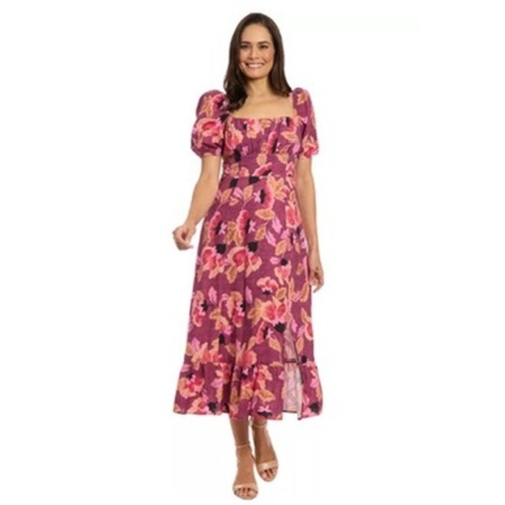 London Times Floral Midi Dress Womens Purple Pink Puff Sleeve NWT Sz 18